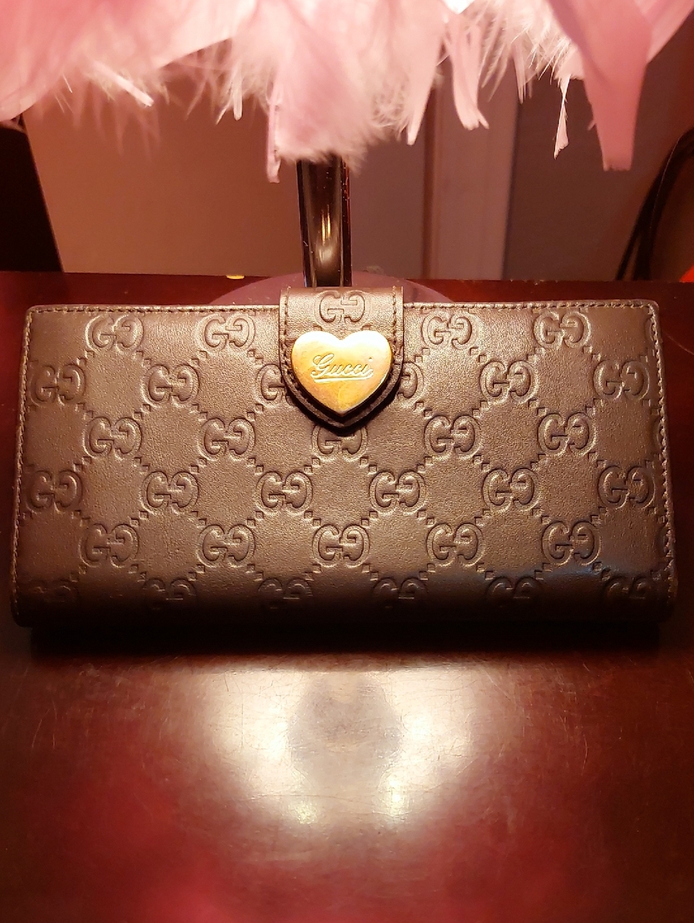 Gucci Chocolate Brown Embossed GG Continental Wallet with Gold Heart Plaque AUTH